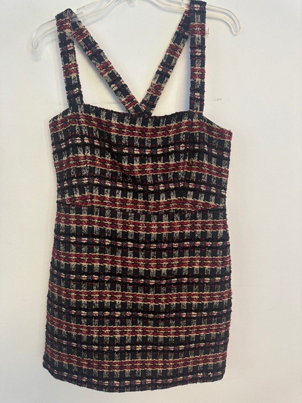 House of Harlow 1960 Black and Burgundy Plaid Tweed Mini Dress with Straps